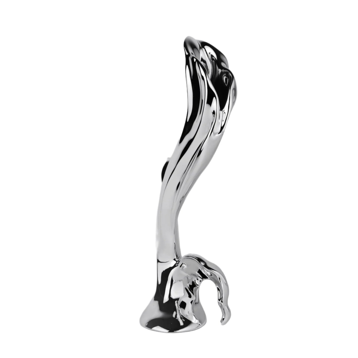 Sculptural silver vase with blooming lily design – tall, fluid chrome form evoking organic growth and contemporary floral elegance