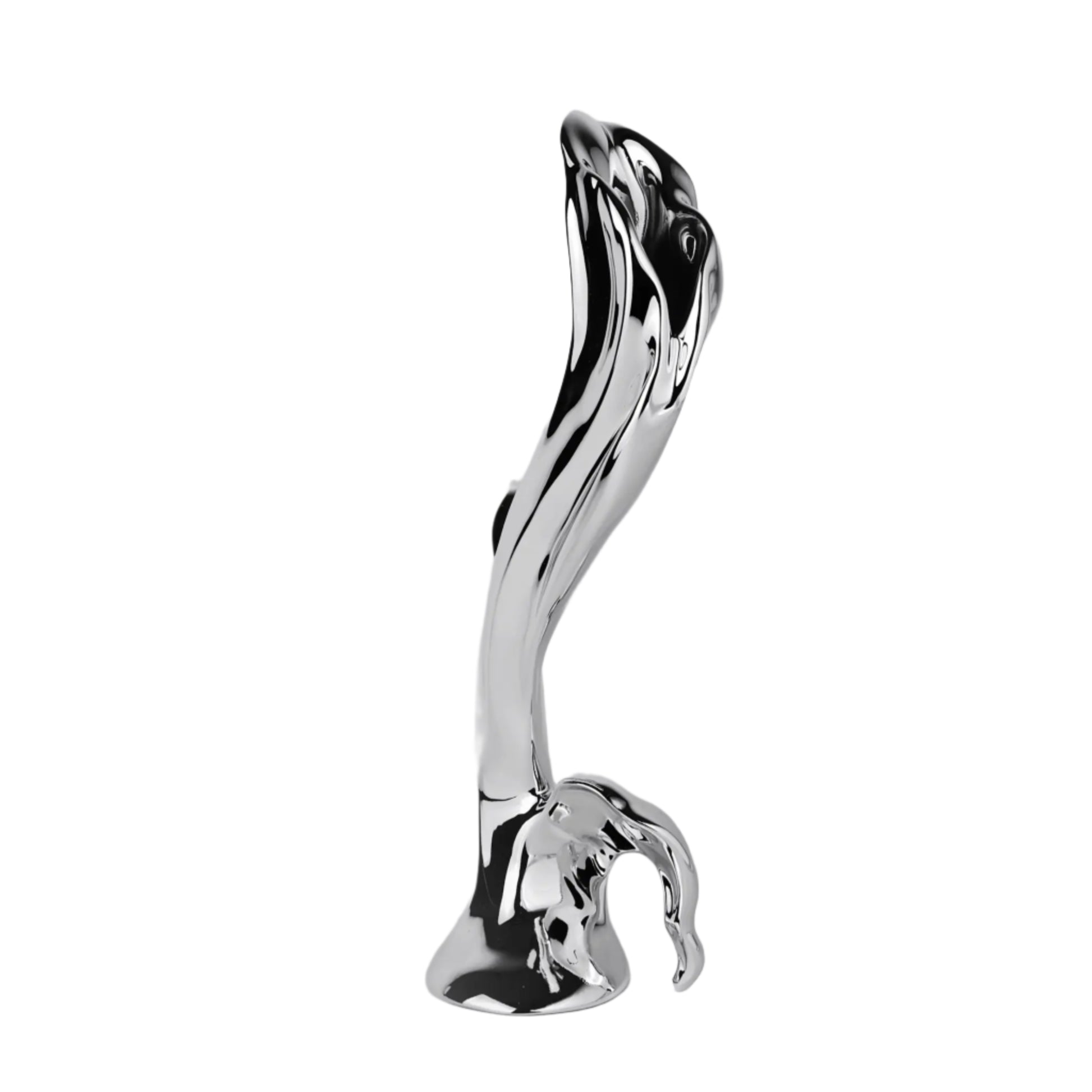Sculptural silver vase with blooming lily design – tall, fluid chrome form evoking organic growth and contemporary floral elegance