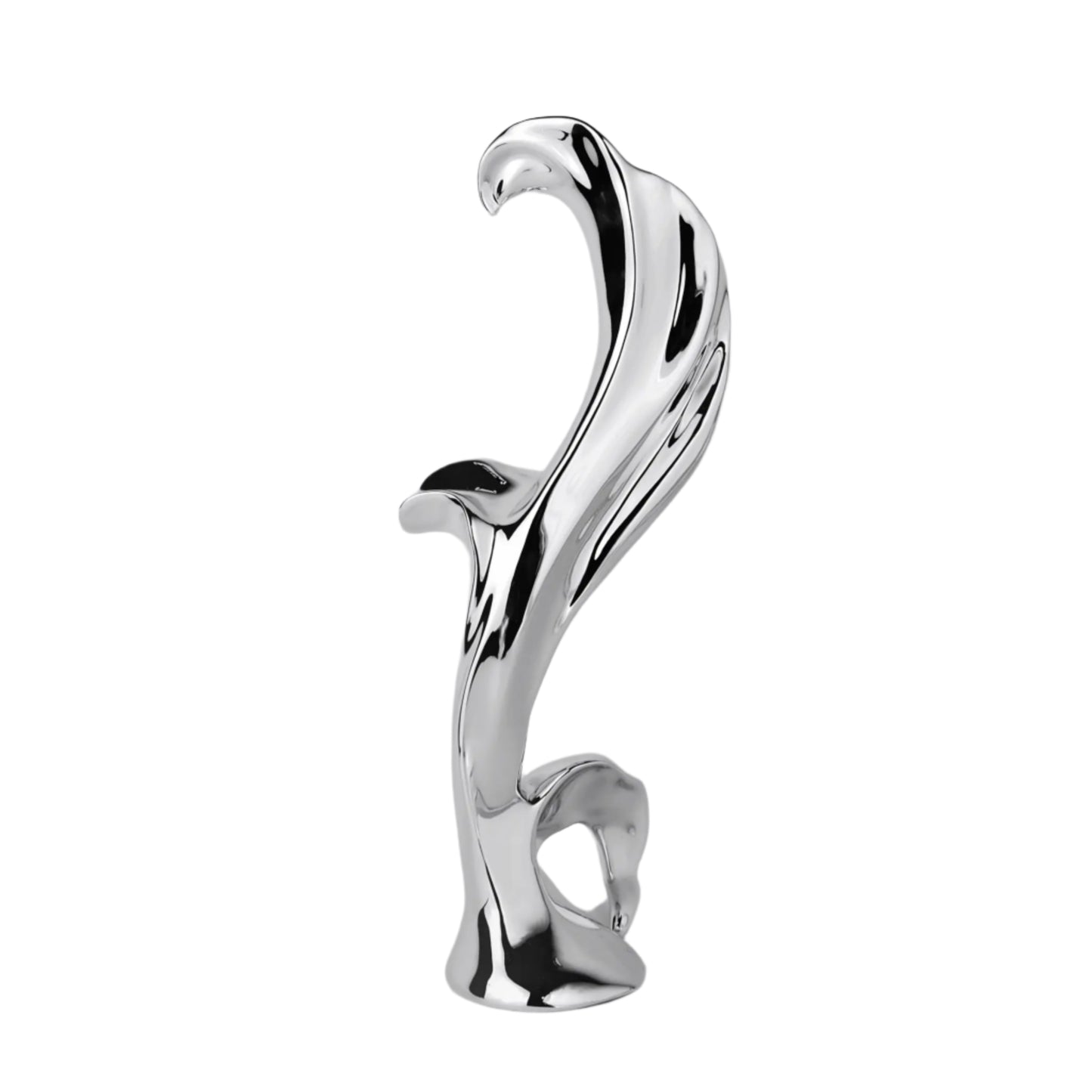Sculptural silver vase with blooming lily design – tall, fluid chrome form evoking organic growth and contemporary floral elegance