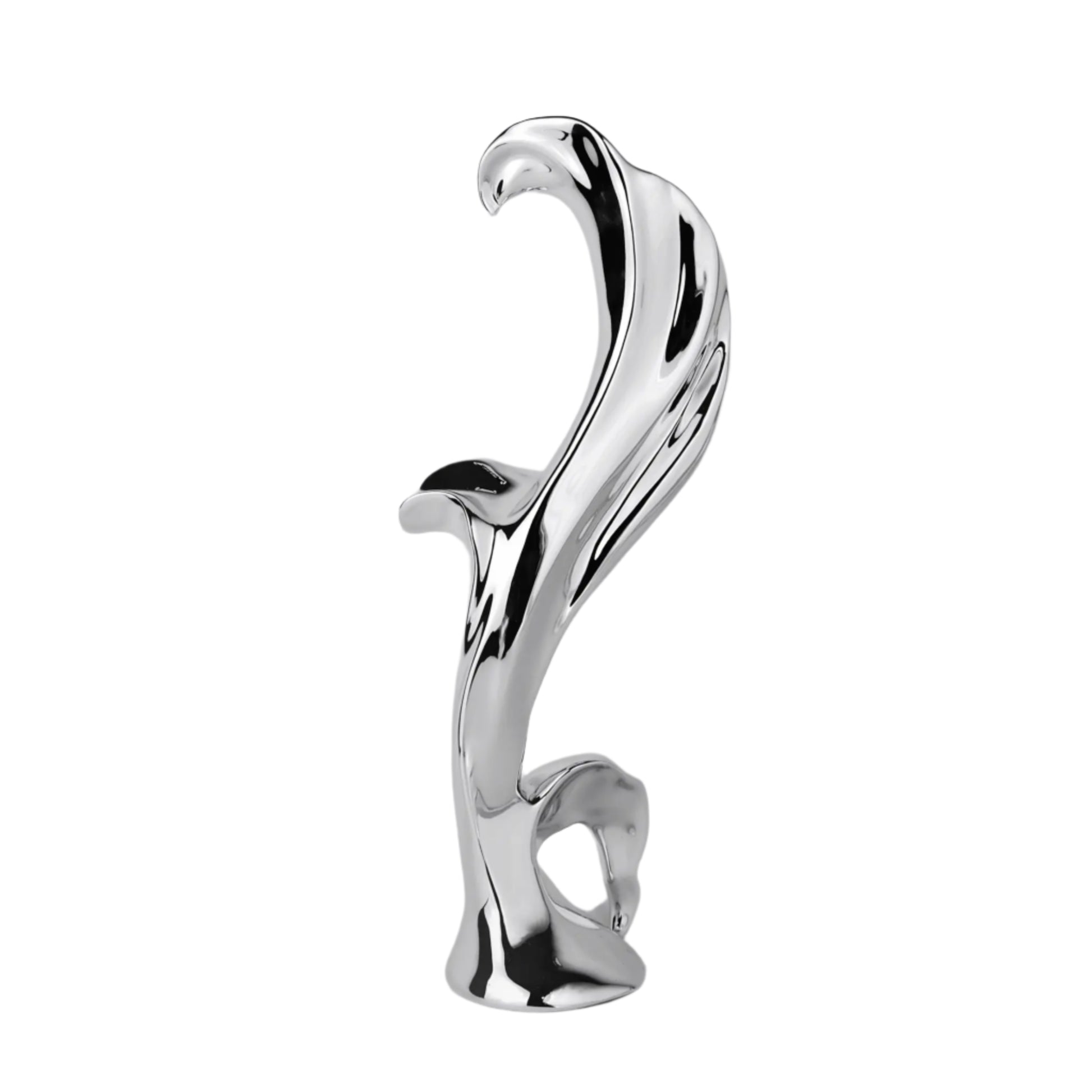 Sculptural silver vase with blooming lily design – tall, fluid chrome form evoking organic growth and contemporary floral elegance