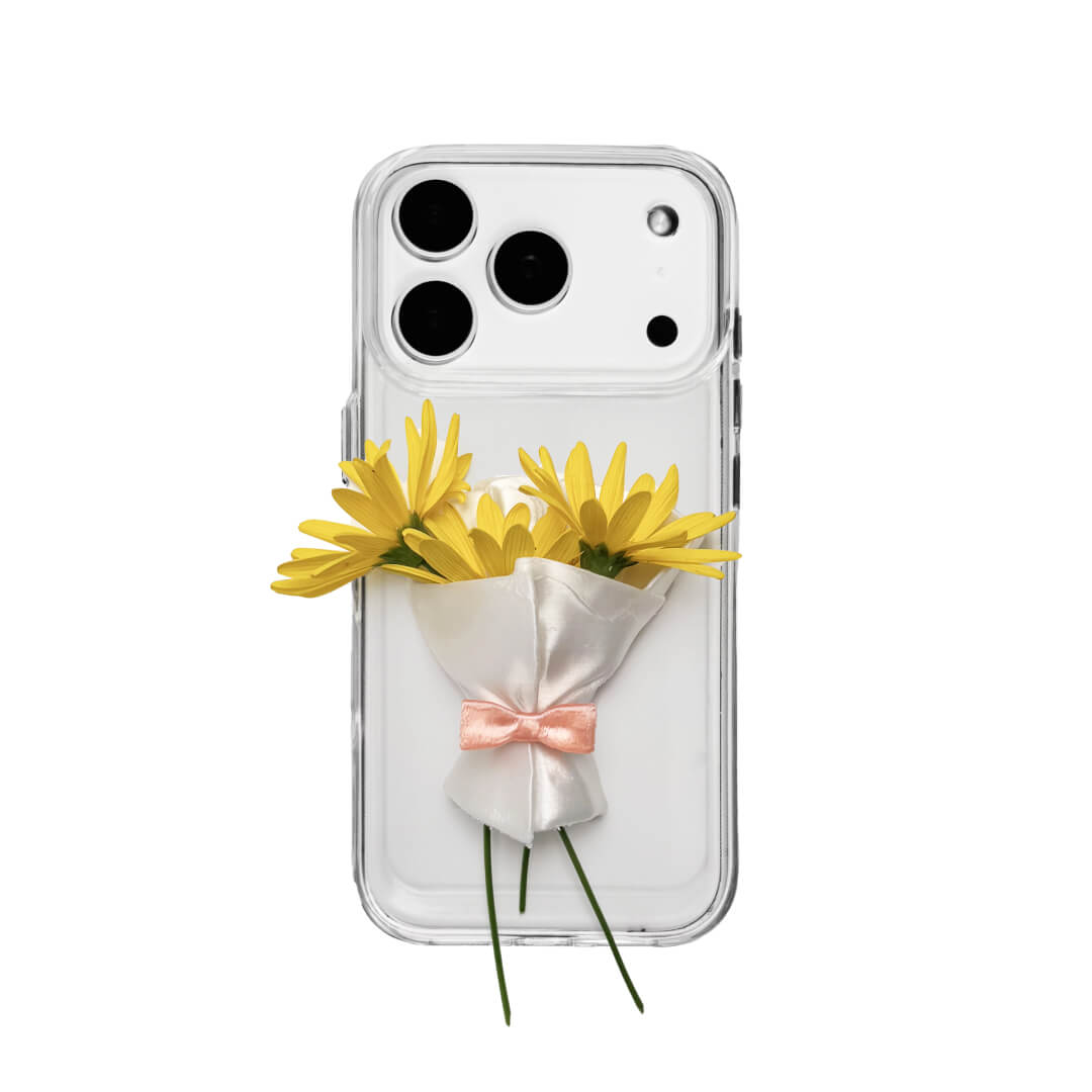 Two Bouquet iPhone Cases: one with a transparent case and one with a white lychee leather case. Both feature the 3D printed white bouquet wrap design.