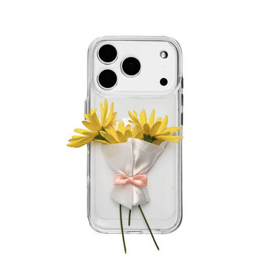 Two Bouquet iPhone Cases: one with a transparent case and one with a white lychee leather case. Both feature the 3D printed white bouquet wrap design.