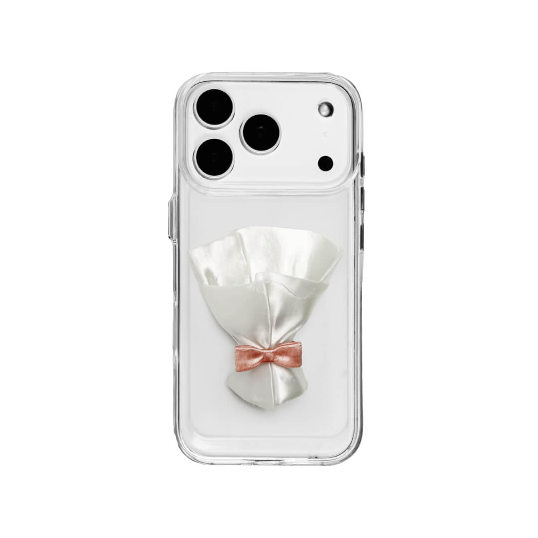 Two Bouquet iPhone Cases: one with a transparent case and one with a white lychee leather case. Both feature the 3D printed white bouquet wrap design.