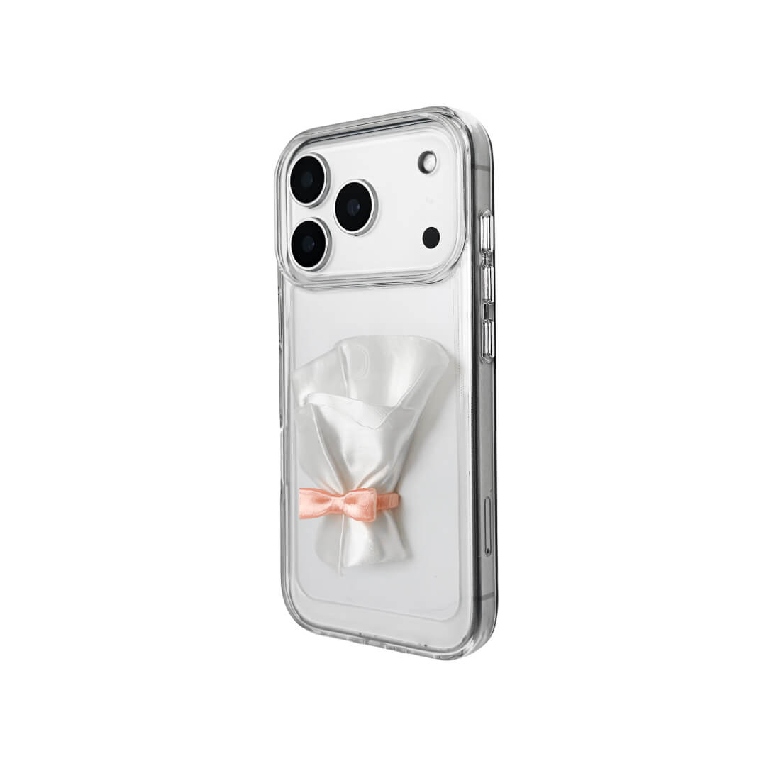 Two Bouquet iPhone Cases: one with a transparent case and one with a white lychee leather case. Both feature the 3D printed white bouquet wrap design.