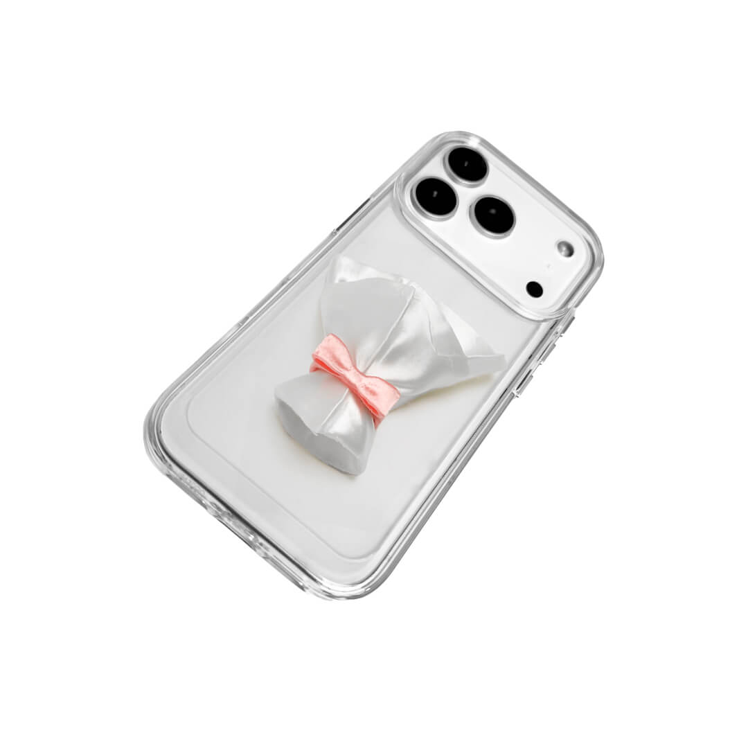 Two Bouquet iPhone Cases: one with a transparent case and one with a white lychee leather case. Both feature the 3D printed white bouquet wrap design.