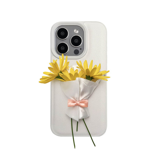 Two Bouquet iPhone Cases: one with a transparent case and one with a white lychee leather case. Both feature the 3D printed white bouquet wrap design.