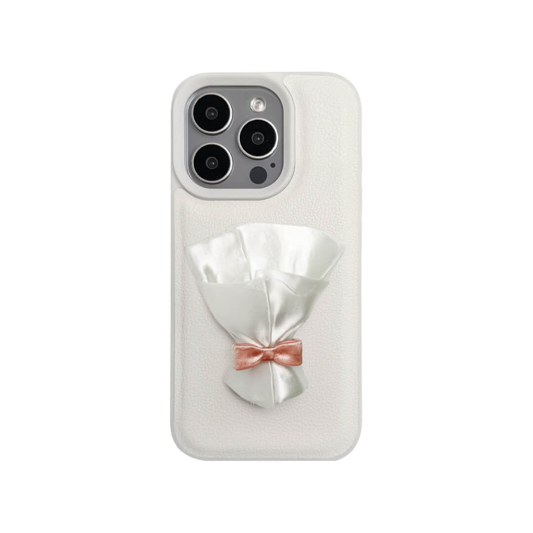 Two Bouquet iPhone Cases: one with a transparent case and one with a white lychee leather case. Both feature the 3D printed white bouquet wrap design.