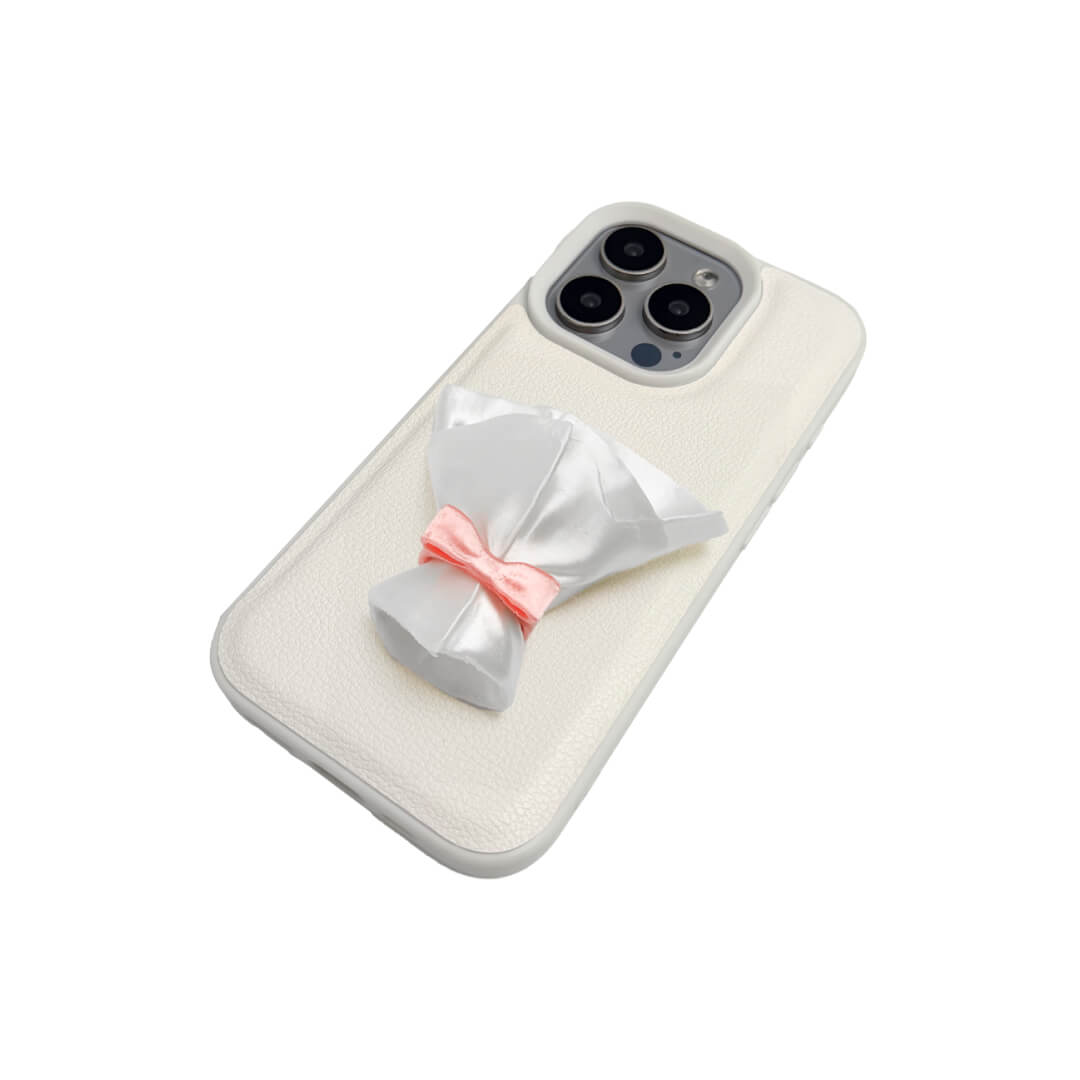 Two Bouquet iPhone Cases: one with a transparent case and one with a white lychee leather case. Both feature the 3D printed white bouquet wrap design.