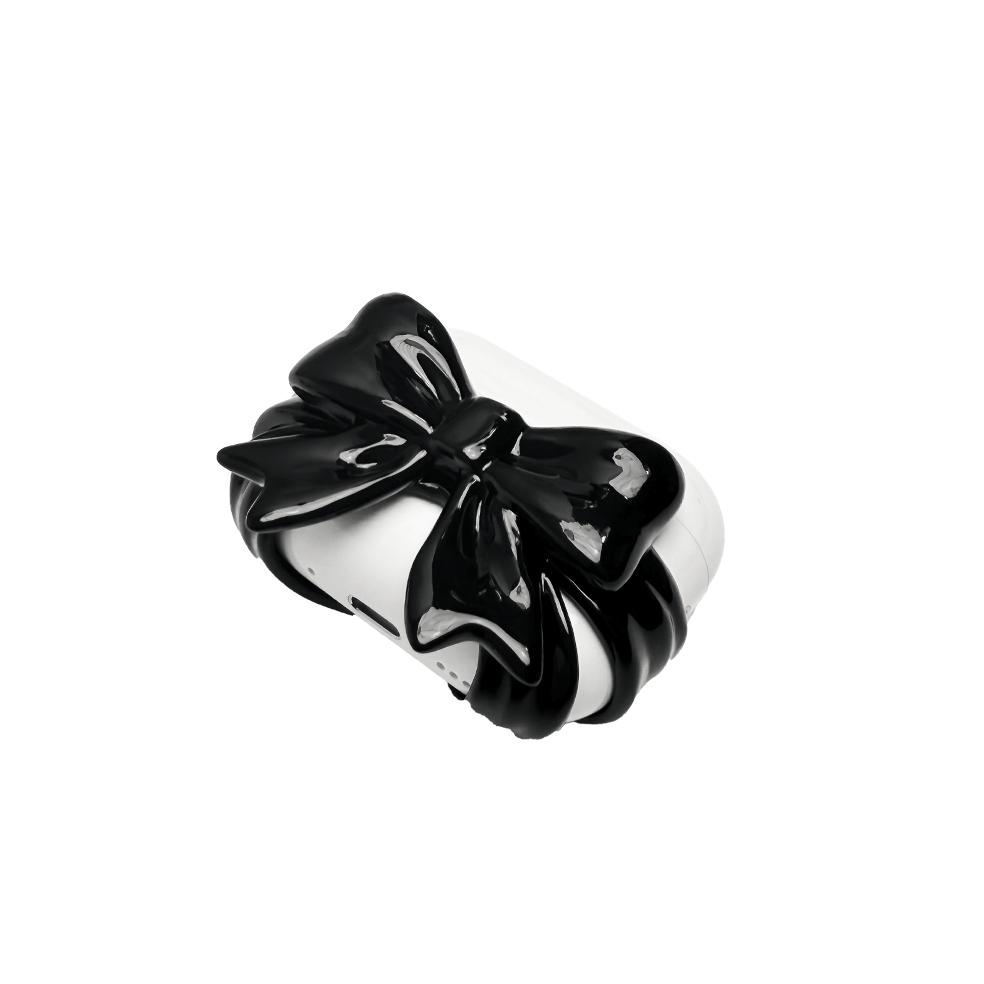 A pair of protective covers for Apple AirPods (or AirPods Pro) charging case. Each cover is white and features a large, 3D sculpted bow charm centered on the front. One bow is glossy black and the other is pure white.