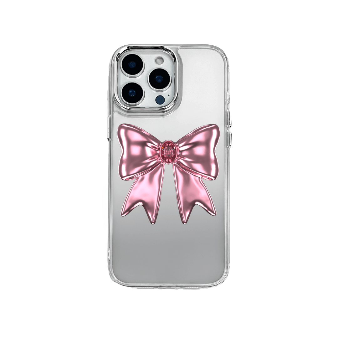 Silver Bow Charm iPhone Case with glossy metallic bow print  Pink Bow Charm iPhone Case featuring shiny bow print design