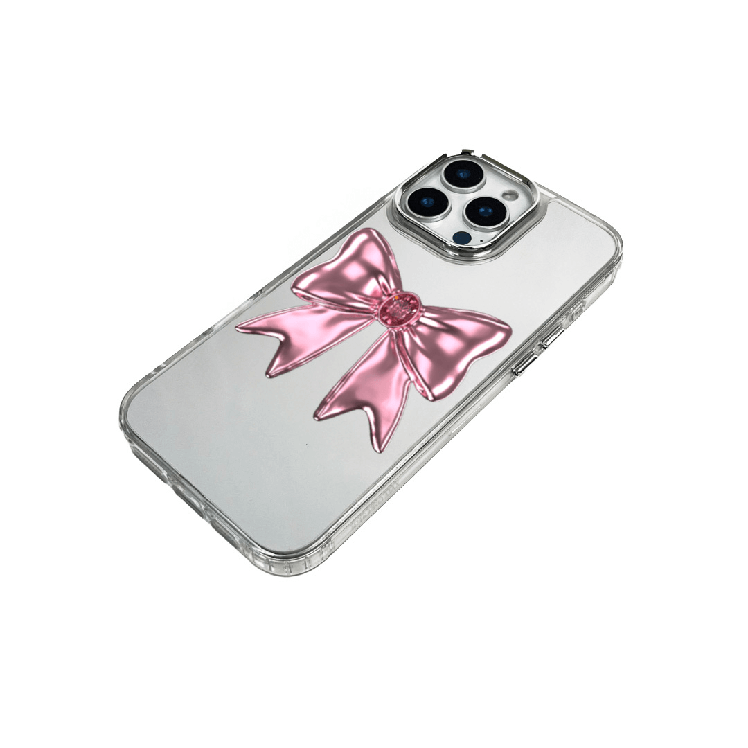 Silver Bow Charm iPhone Case with glossy metallic bow print  Pink Bow Charm iPhone Case featuring shiny bow print design