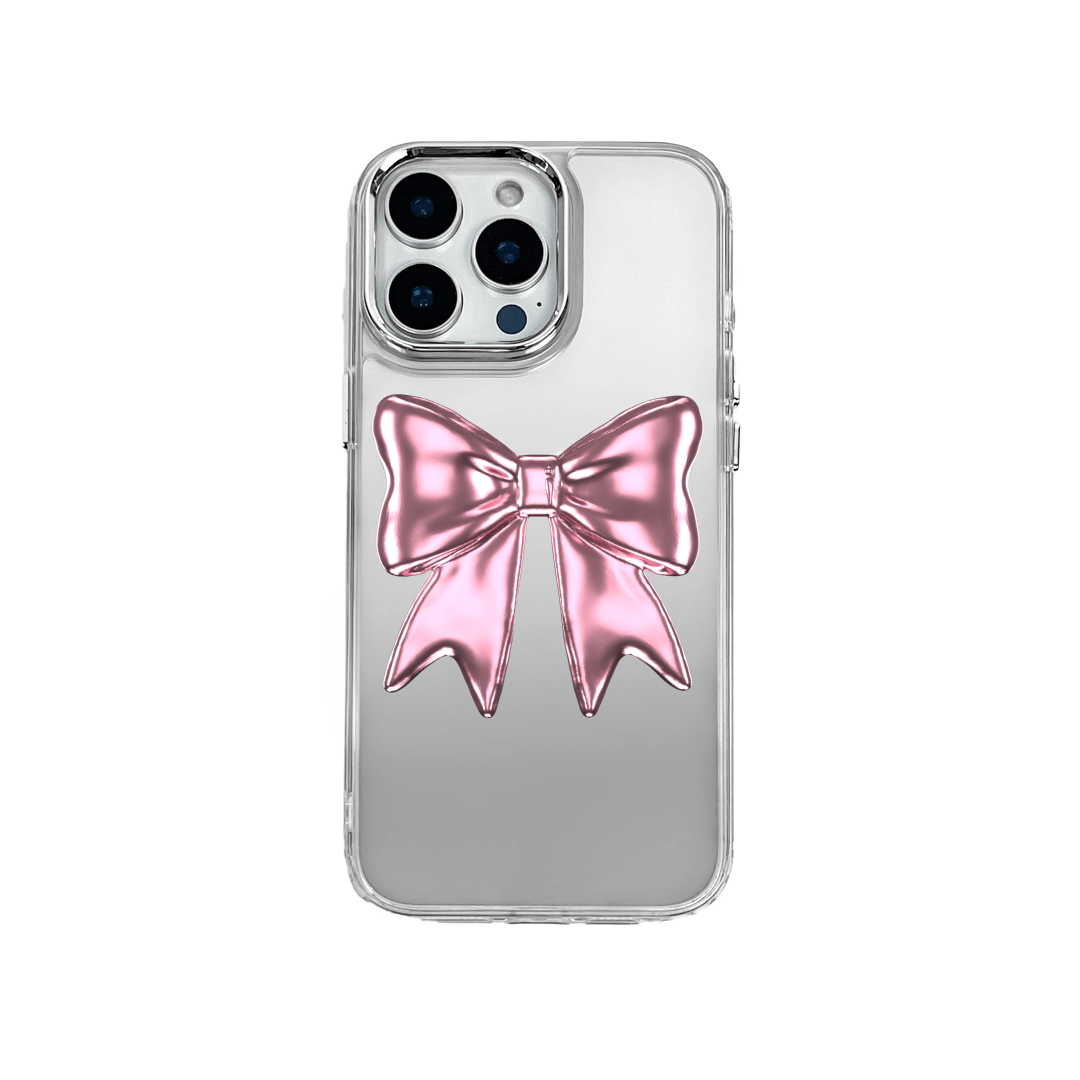 Silver Bow Charm iPhone Case with glossy metallic bow print  Pink Bow Charm iPhone Case featuring shiny bow print design