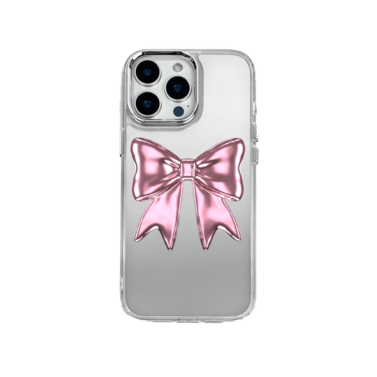 Silver Bow Charm iPhone Case with glossy metallic bow print  Pink Bow Charm iPhone Case featuring shiny bow print design
