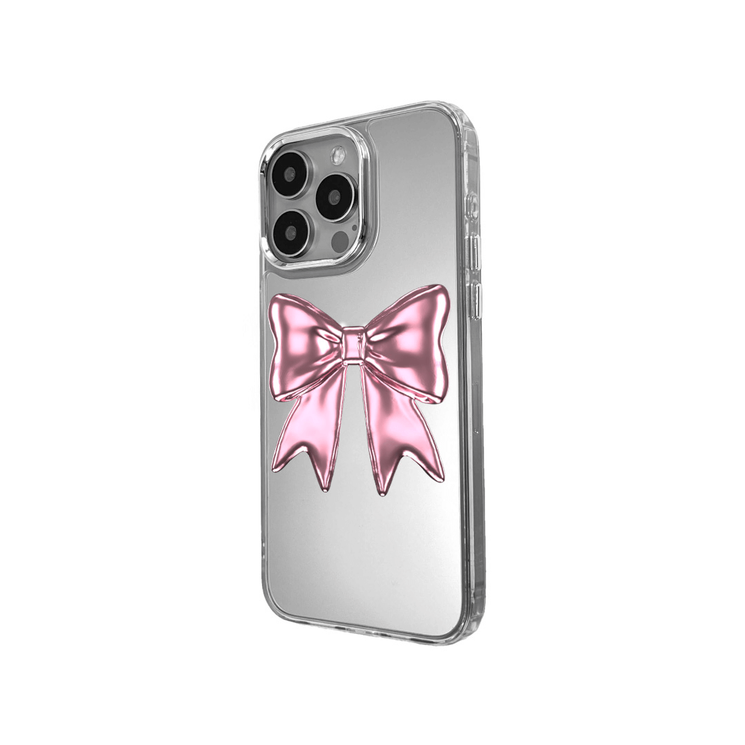 Silver Bow Charm iPhone Case with glossy metallic bow print  Pink Bow Charm iPhone Case featuring shiny bow print design