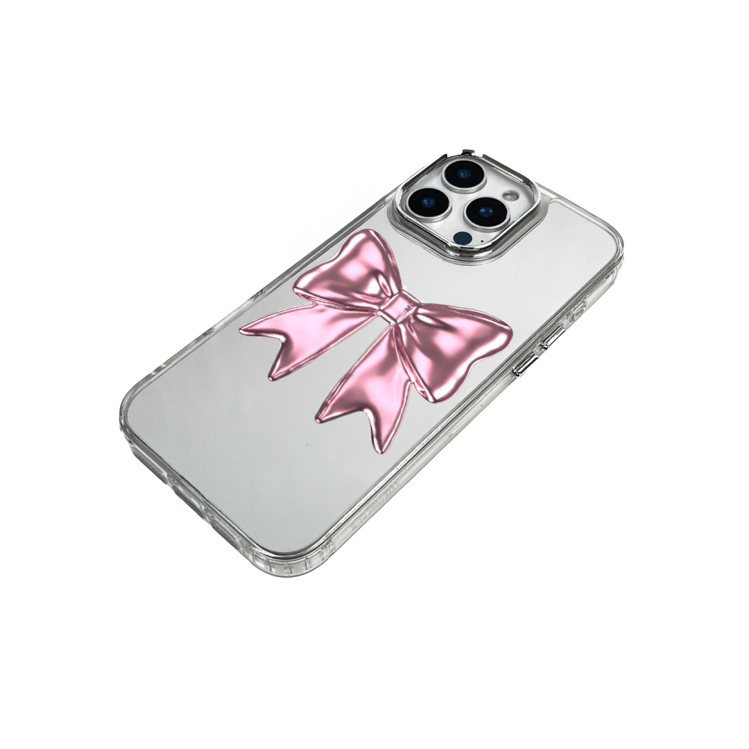 Silver Bow Charm iPhone Case with glossy metallic bow print  Pink Bow Charm iPhone Case featuring shiny bow print design