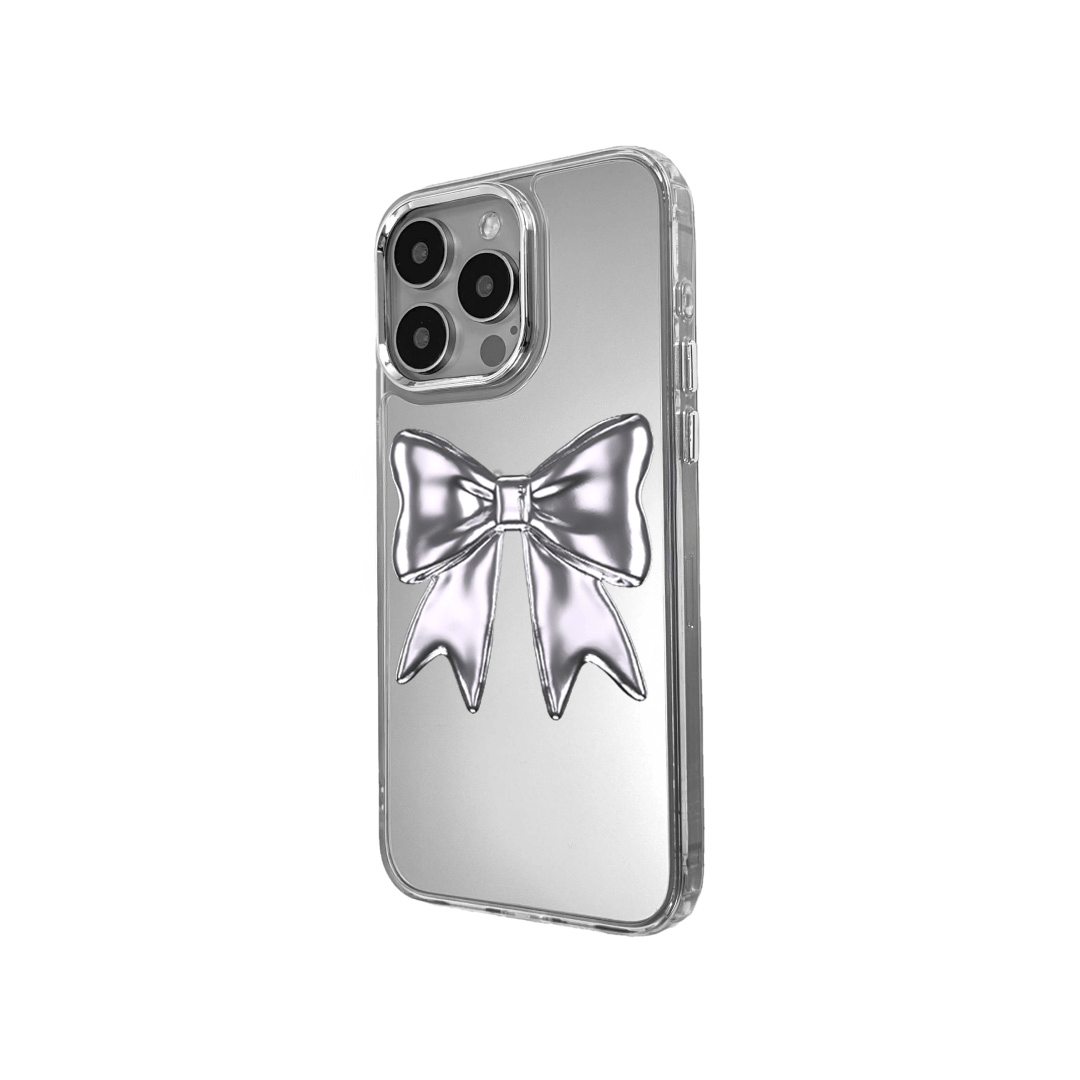 Silver Bow Charm iPhone Case with glossy metallic bow print  Pink Bow Charm iPhone Case featuring shiny bow print design