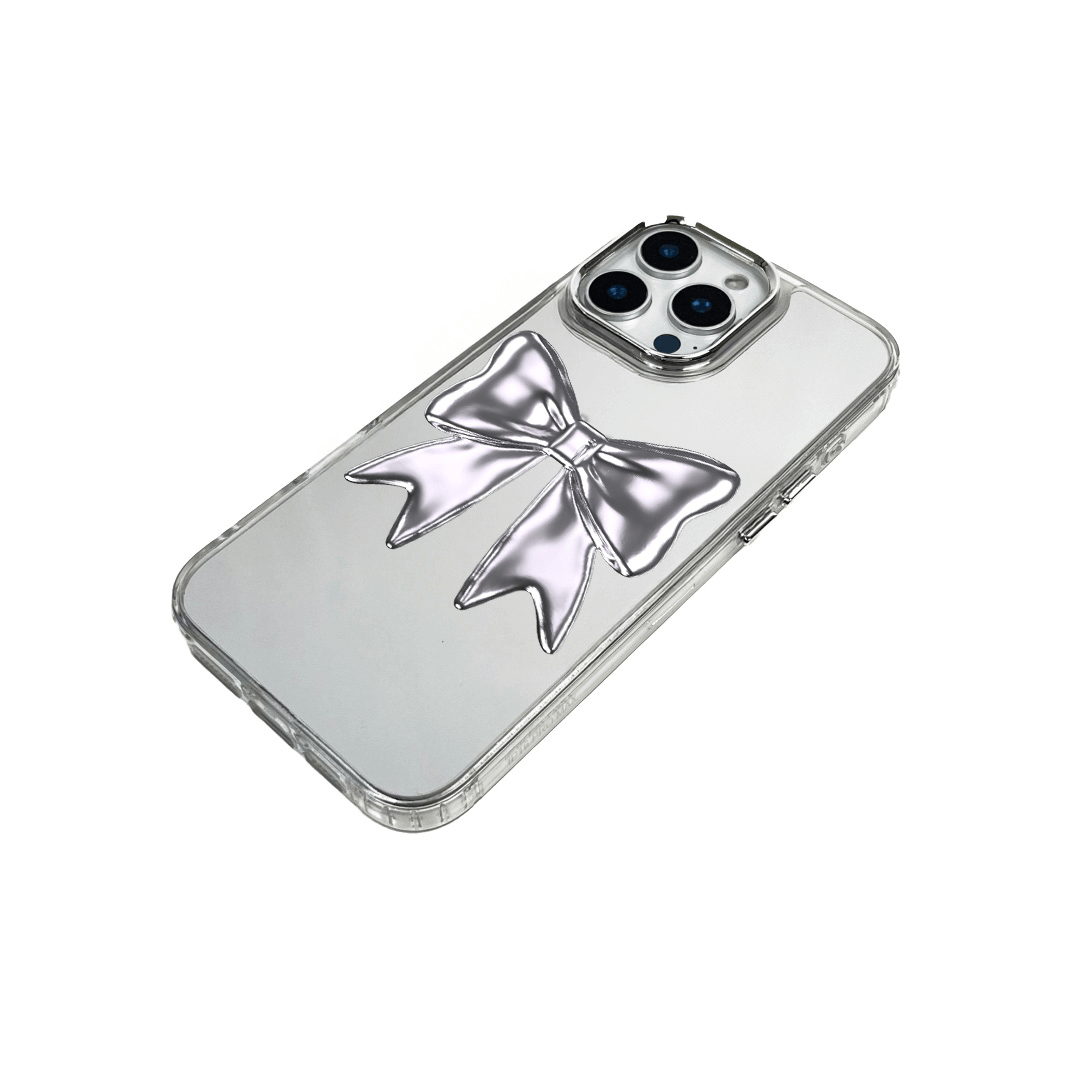 Silver Bow Charm iPhone Case with glossy metallic bow print  Pink Bow Charm iPhone Case featuring shiny bow print design