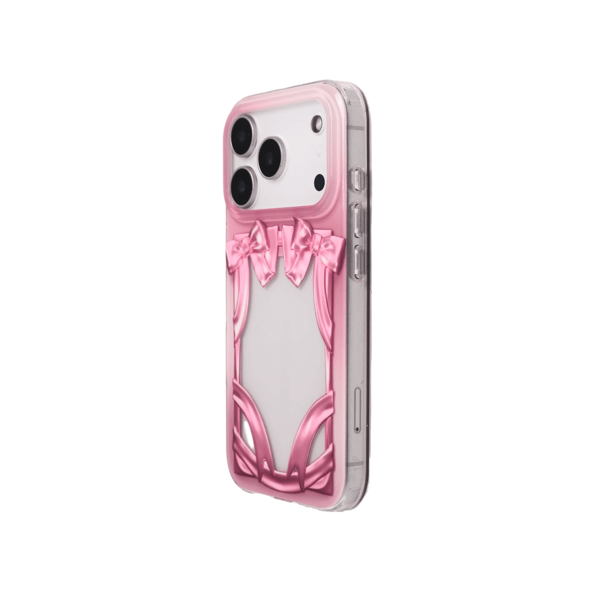 Pink IMD Bow Frame iPhone case with a clear flat window designed for inserting idol photocards or collectible cards.