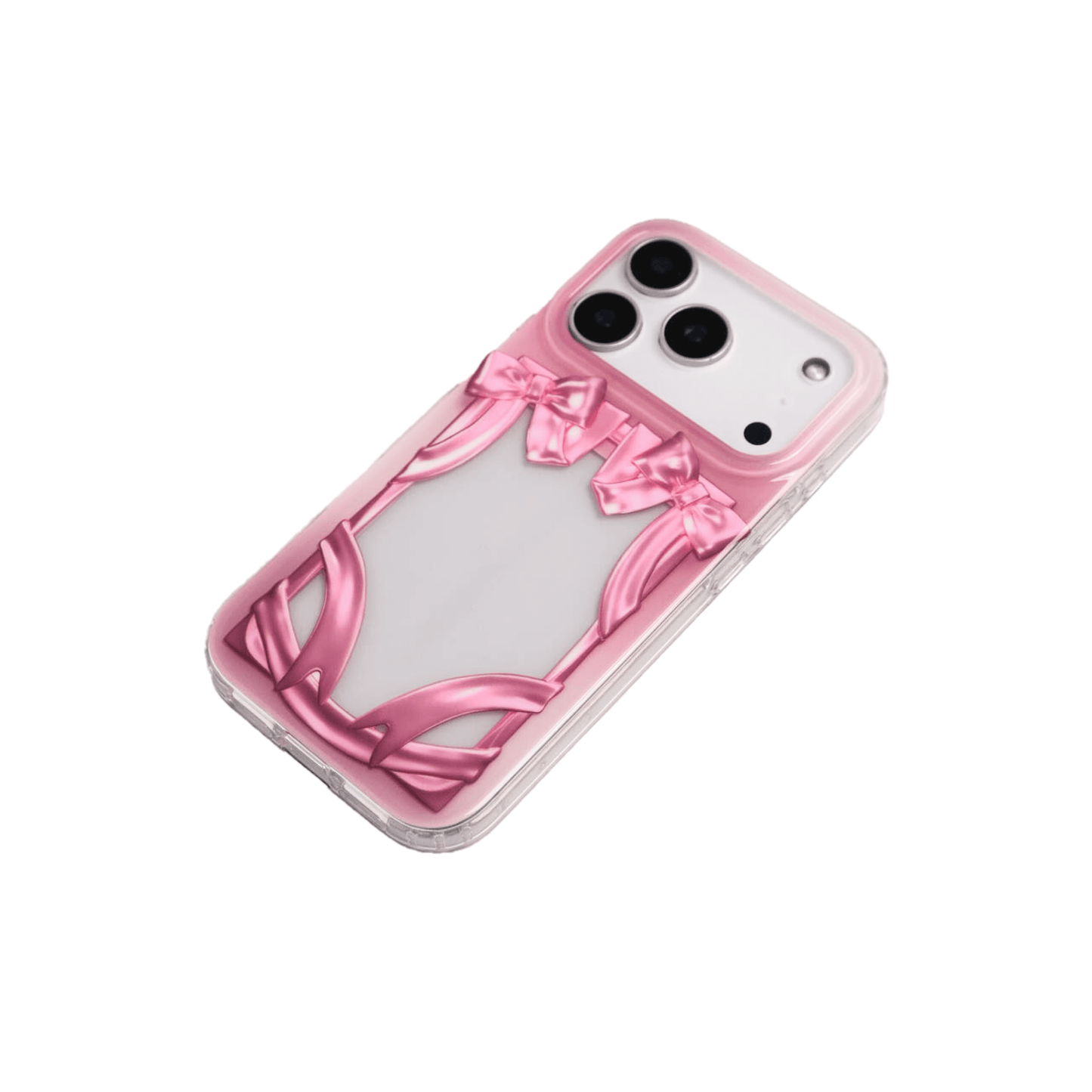 Pink IMD Bow Frame iPhone case with a clear flat window designed for inserting idol photocards or collectible cards.