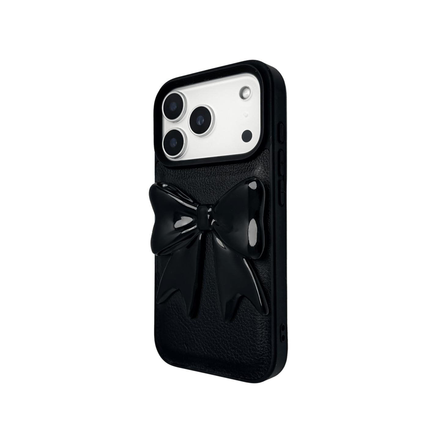 A pair of premium iPhone cases featuring a textured, high-quality leather finish. Each case has a large, centered 3D sculpted bow on the back. One case is Off-White leather with a matching bow, and the other is Black leather with a matching black bow.