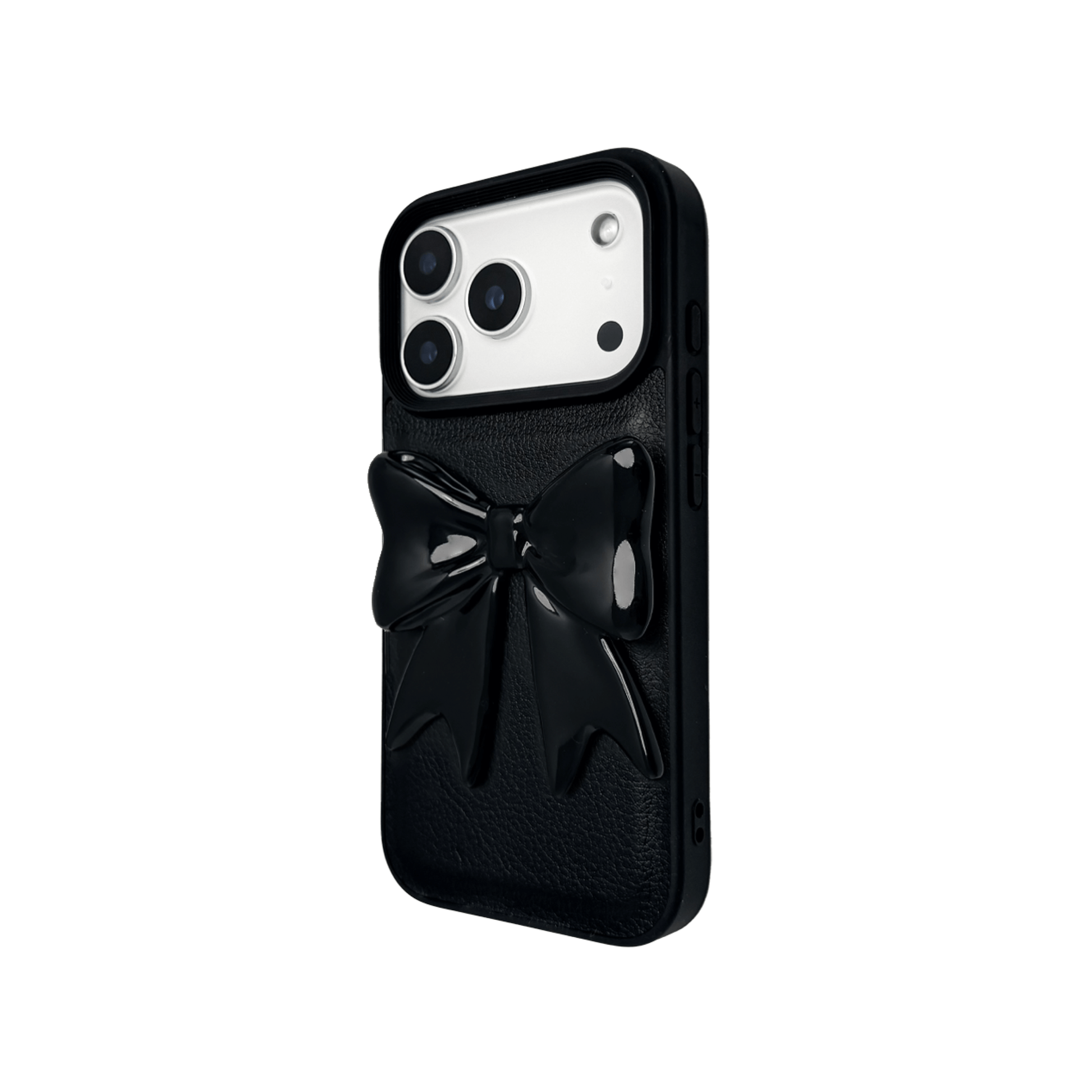 A pair of premium iPhone cases featuring a textured, high-quality leather finish. Each case has a large, centered 3D sculpted bow on the back. One case is Off-White leather with a matching bow, and the other is Black leather with a matching black bow.