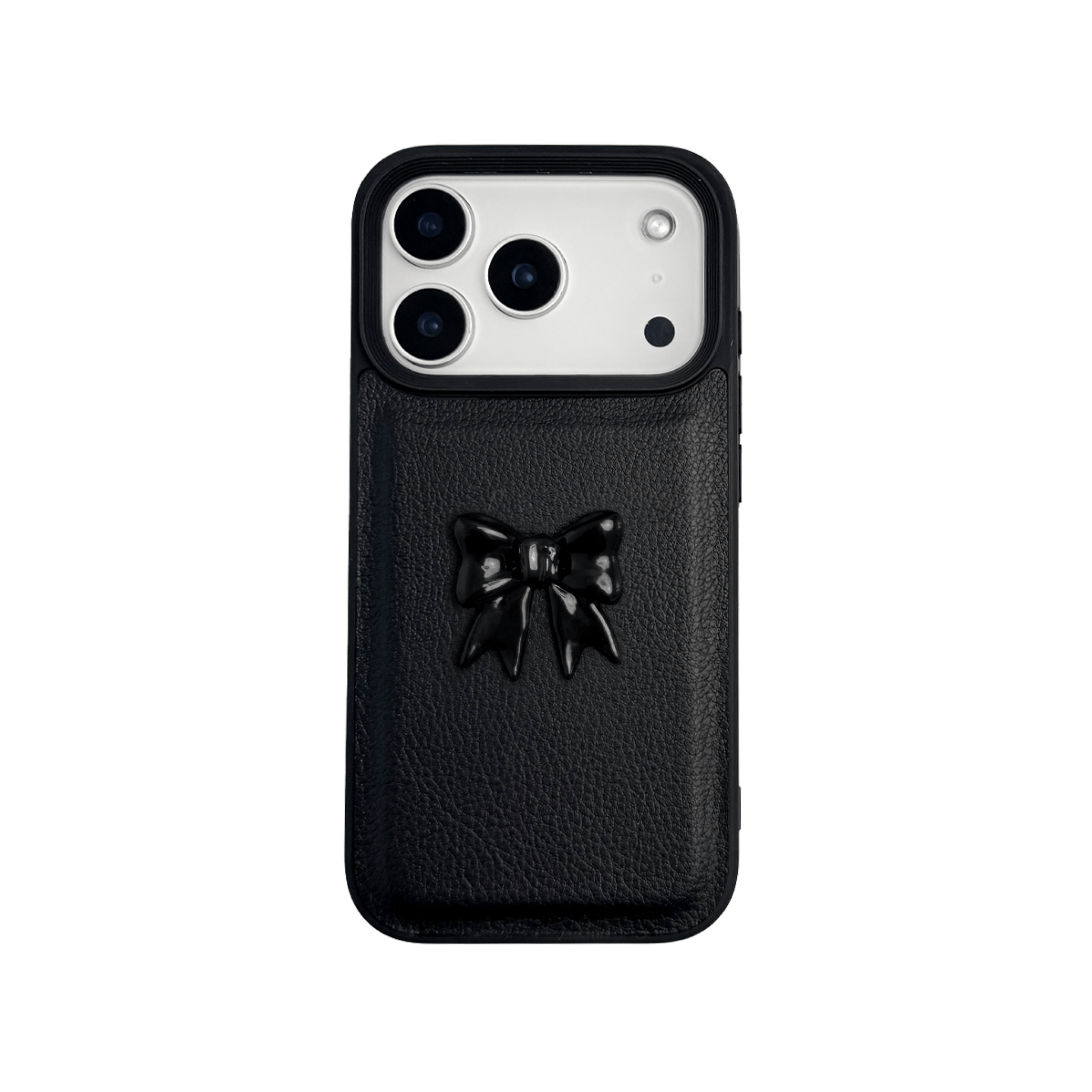 A pair of luxury iPhone cases featuring a textured, high-quality leather finish. Each case has a large, centered, 3D sculpted bow on the back. The top case is Off-White leather with a matching bow, and the bottom case is Black leather with a matching black bow.
