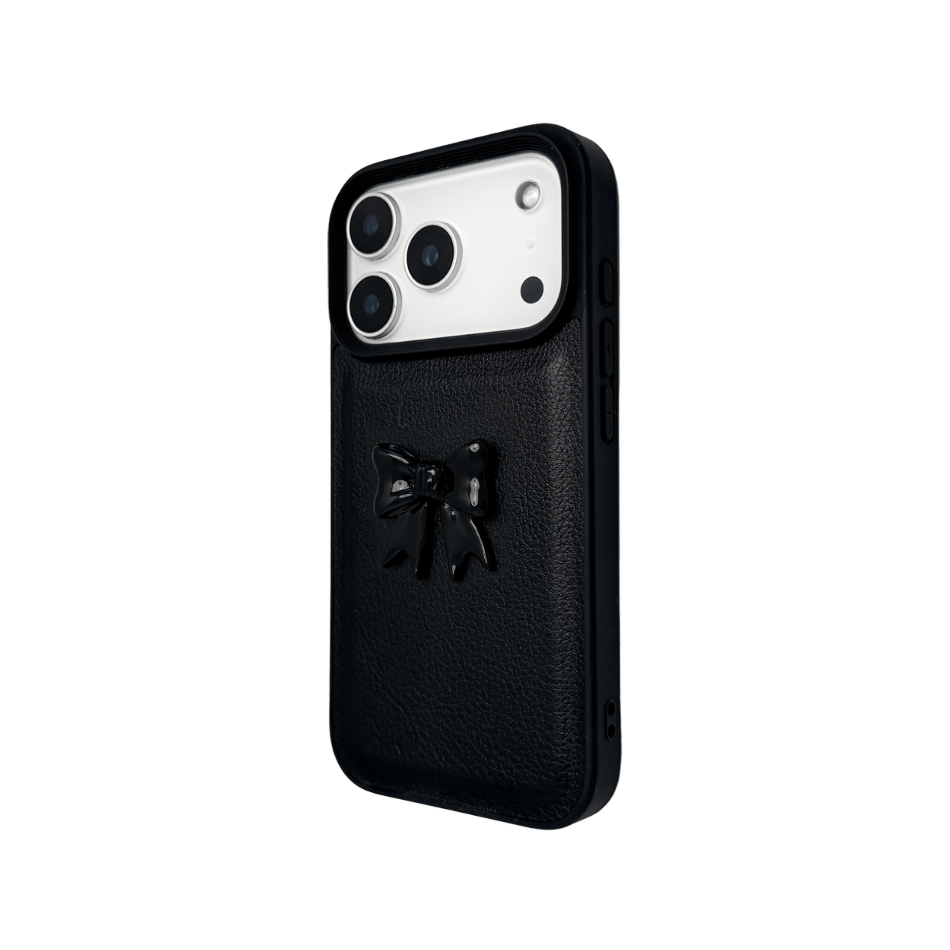 A pair of luxury iPhone cases featuring a textured, high-quality leather finish. Each case has a large, centered, 3D sculpted bow on the back. The top case is Off-White leather with a matching bow, and the bottom case is Black leather with a matching black bow.