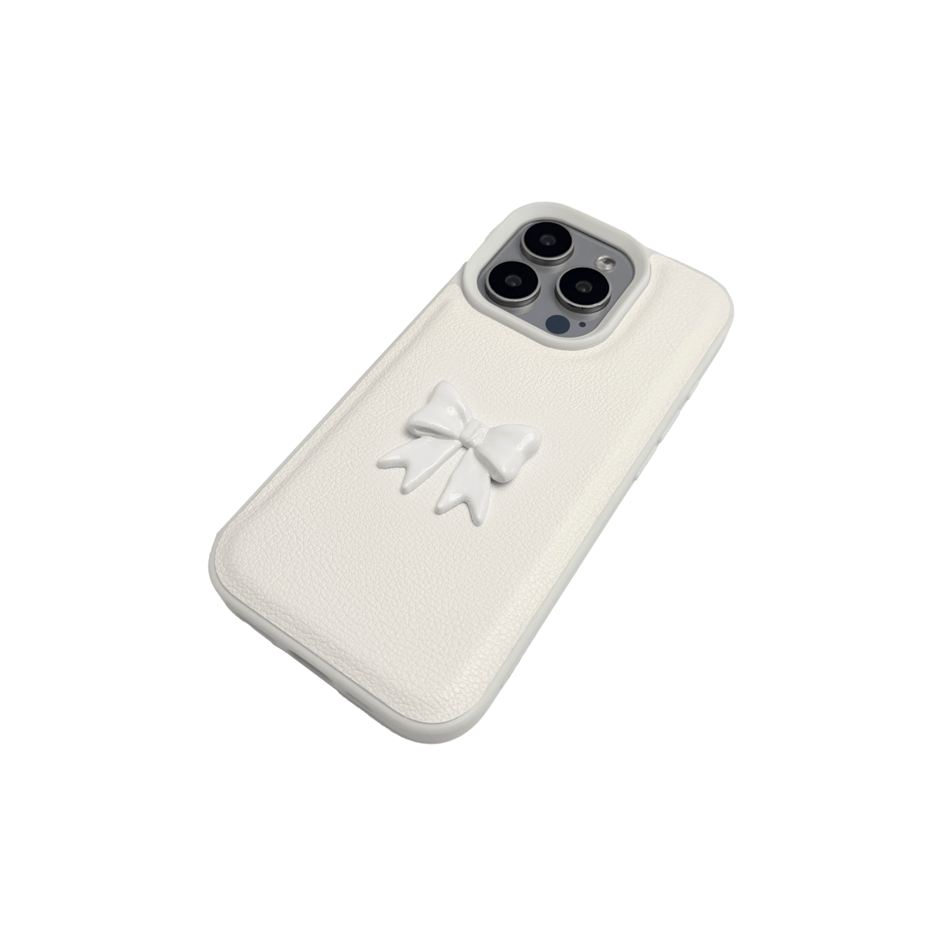 A pair of luxury iPhone cases featuring a textured, high-quality leather finish. Each case has a large, centered, 3D sculpted bow on the back. The top case is Off-White leather with a matching bow, and the bottom case is Black leather with a matching black bow.