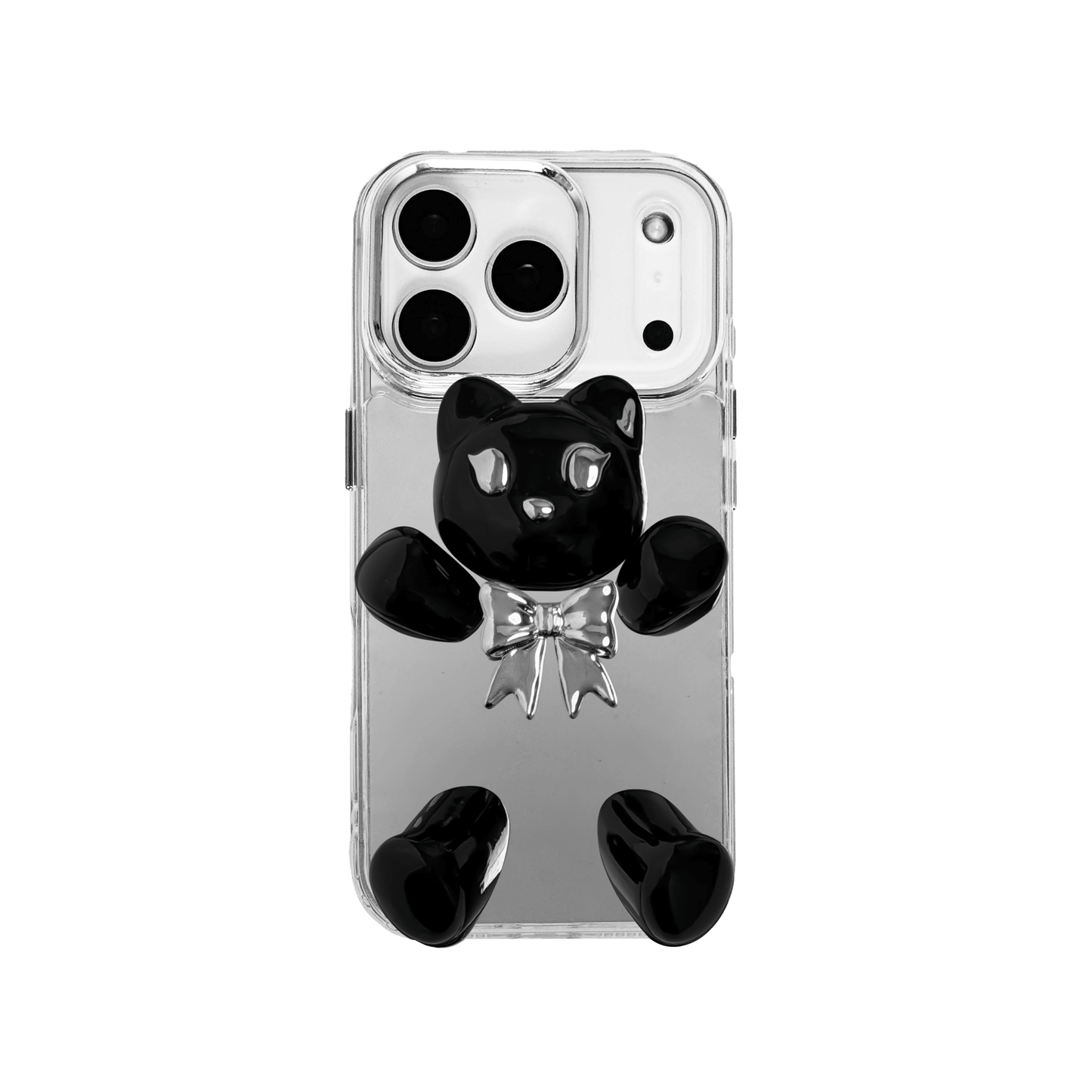 Transparent mirror phone case with a 3D teddy bear in brown flocking, wearing a black bow tie.