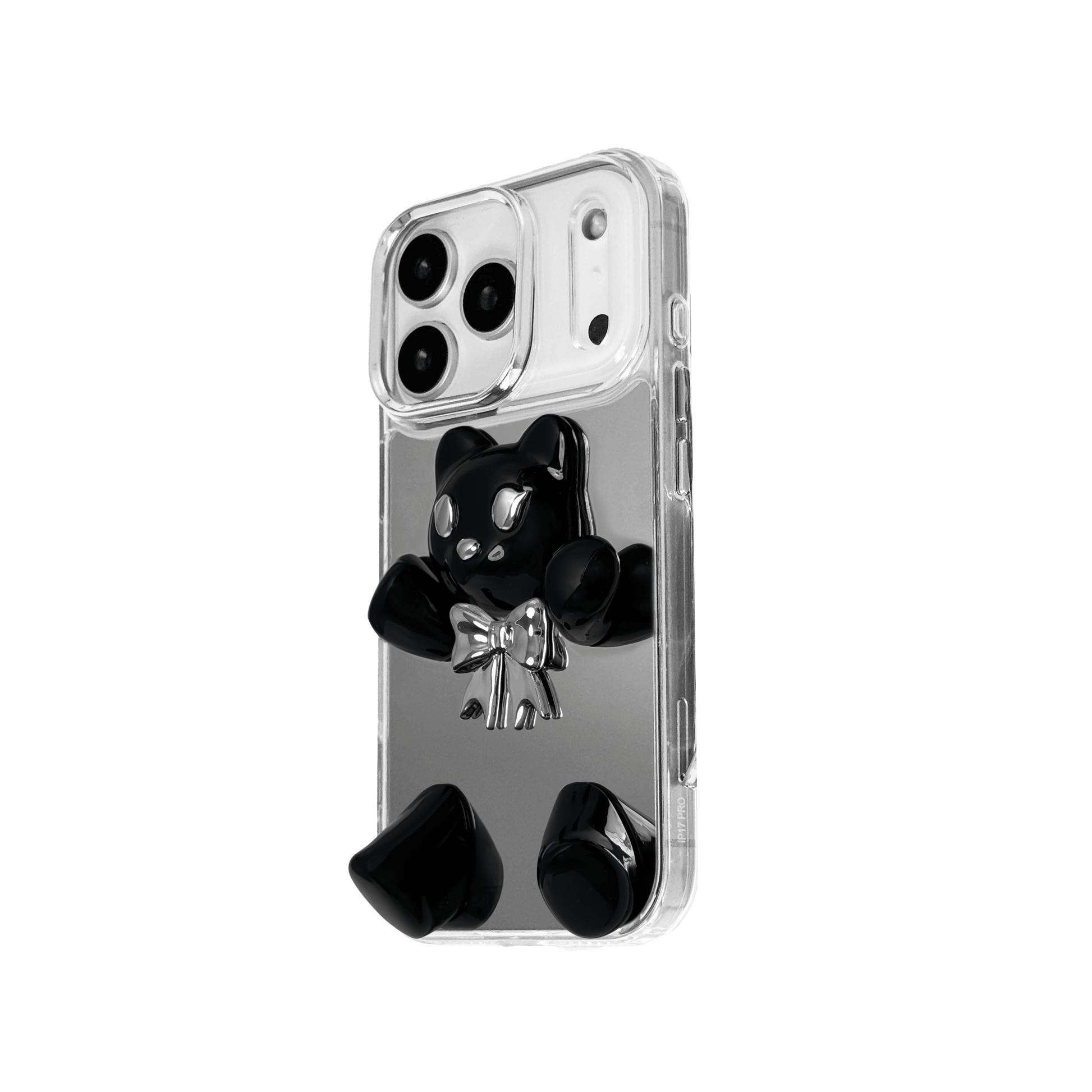 Transparent mirror phone case with a 3D teddy bear in brown flocking, wearing a black bow tie.