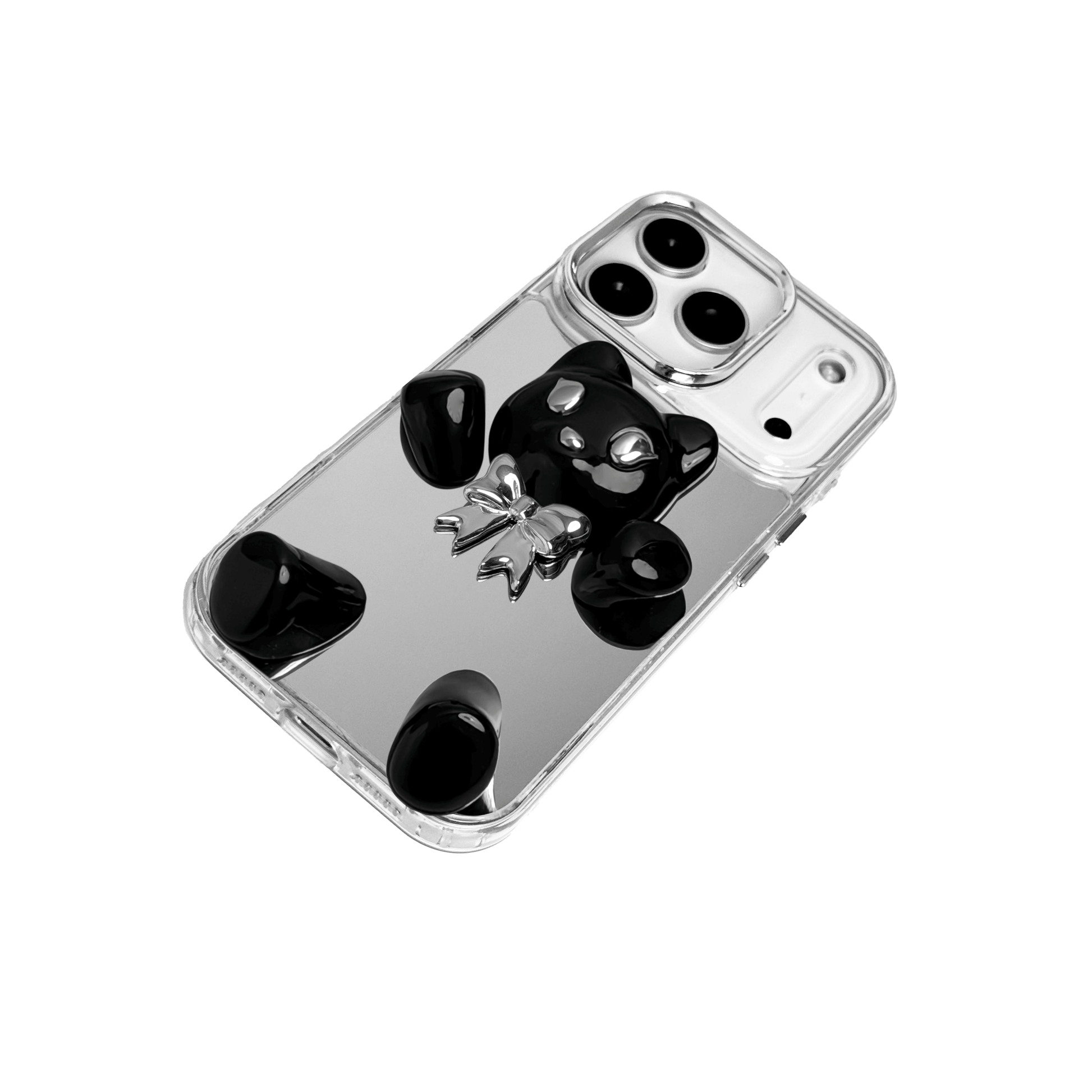 Transparent mirror phone case with a 3D teddy bear in brown flocking, wearing a black bow tie.
