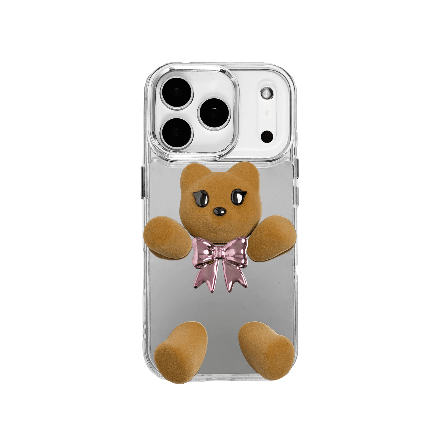 Silver mirror phone case with a 3D teddy bear in brown flocking, wearing a black bow tie.