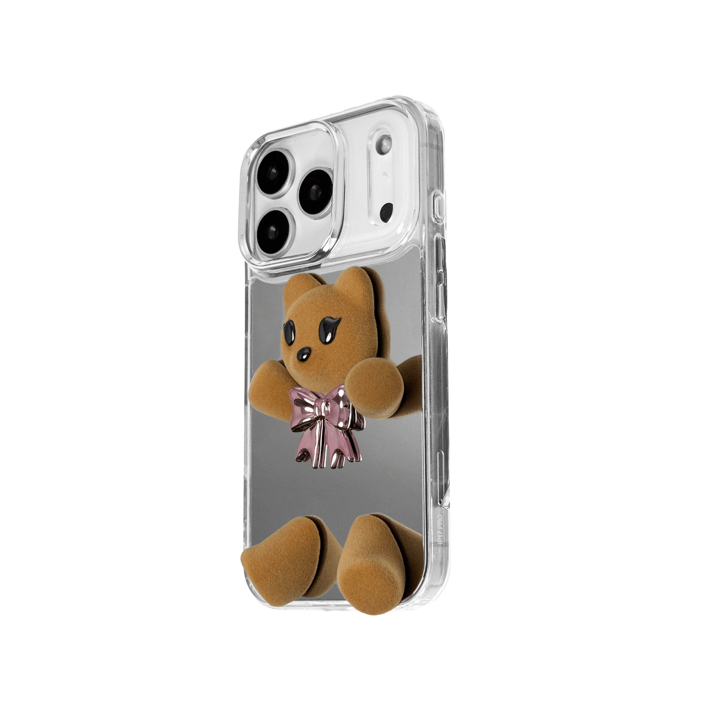 Silver mirror phone case with a 3D teddy bear in brown flocking, wearing a black bow tie.