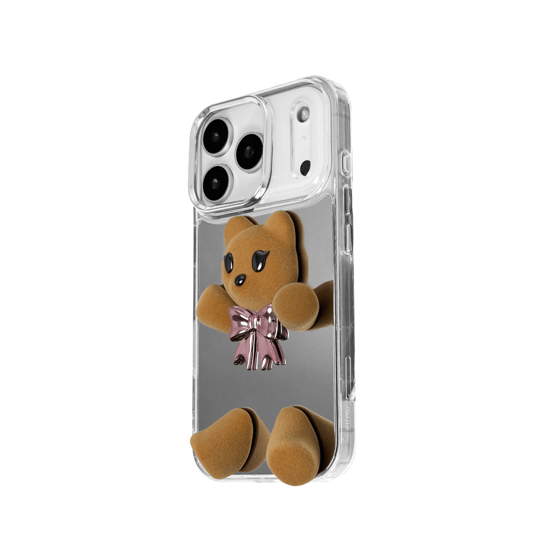 Silver mirror phone case with a 3D teddy bear in brown flocking, wearing a black bow tie.
