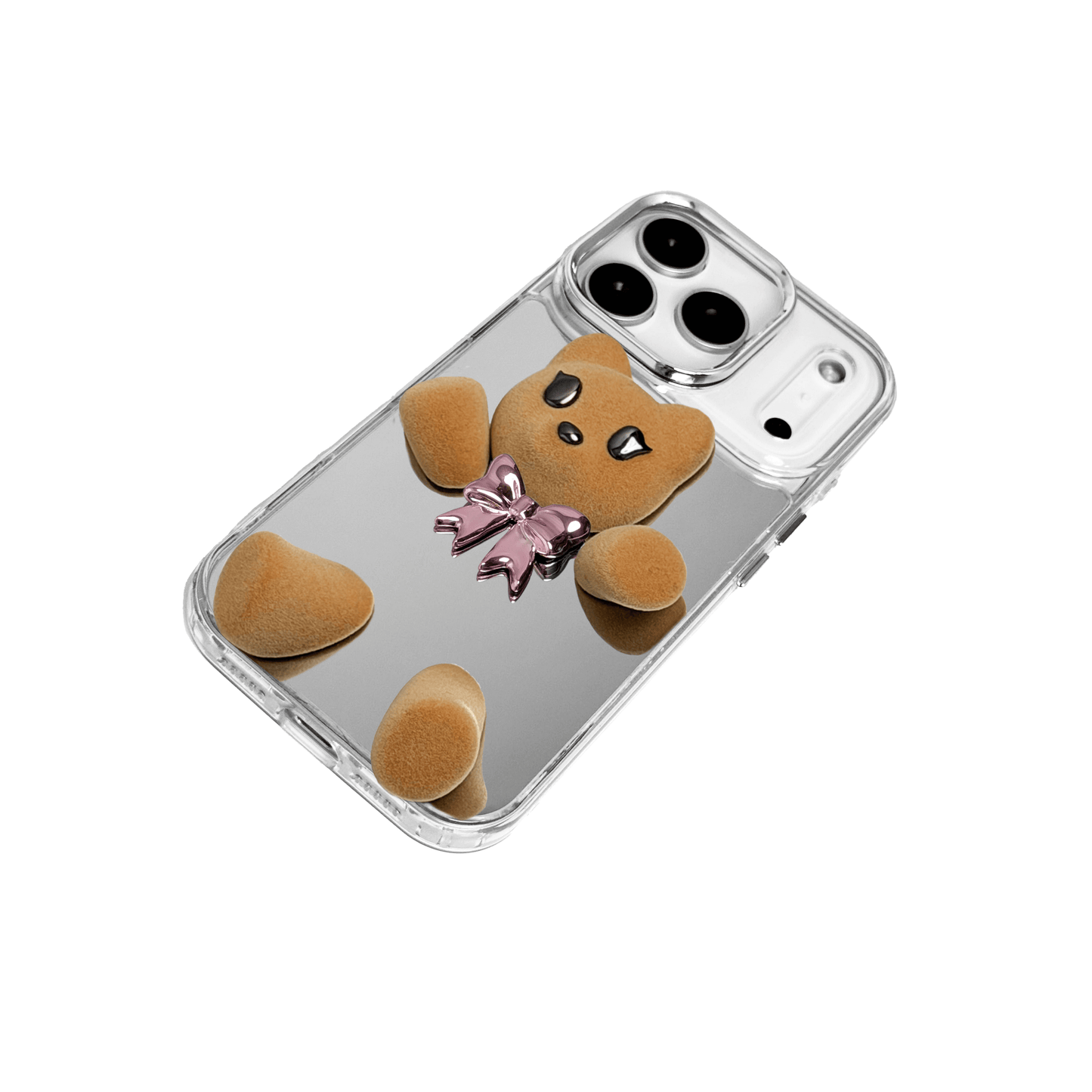 Silver mirror phone case with a 3D teddy bear in brown flocking, wearing a black bow tie.