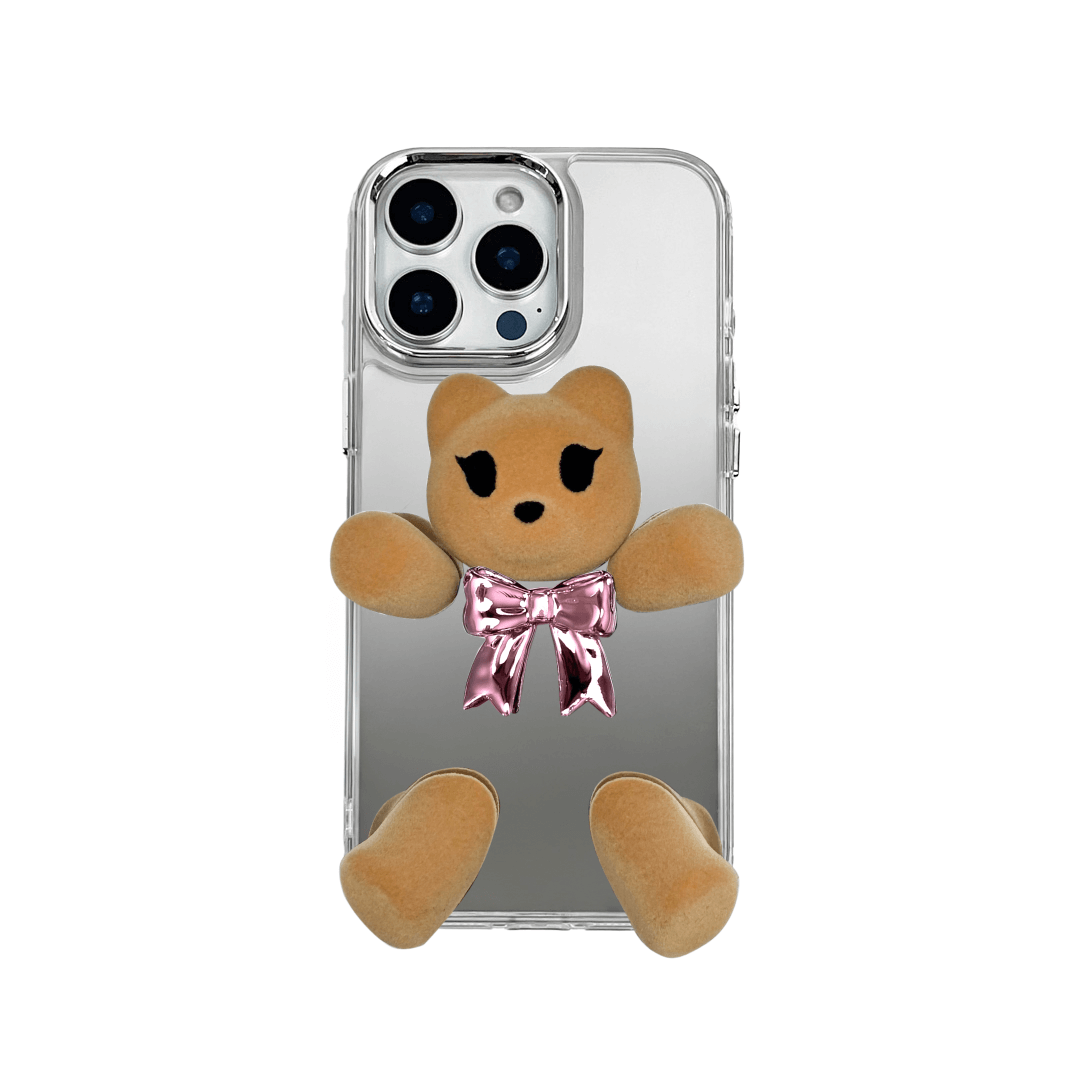 Transparent mirror phone case with a 3D teddy bear in brown flocking, wearing a black bow tie.