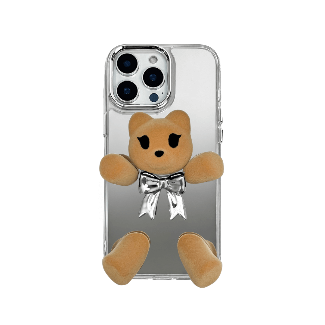 Transparent mirror phone case with a 3D teddy bear in brown flocking, wearing a black bow tie.
