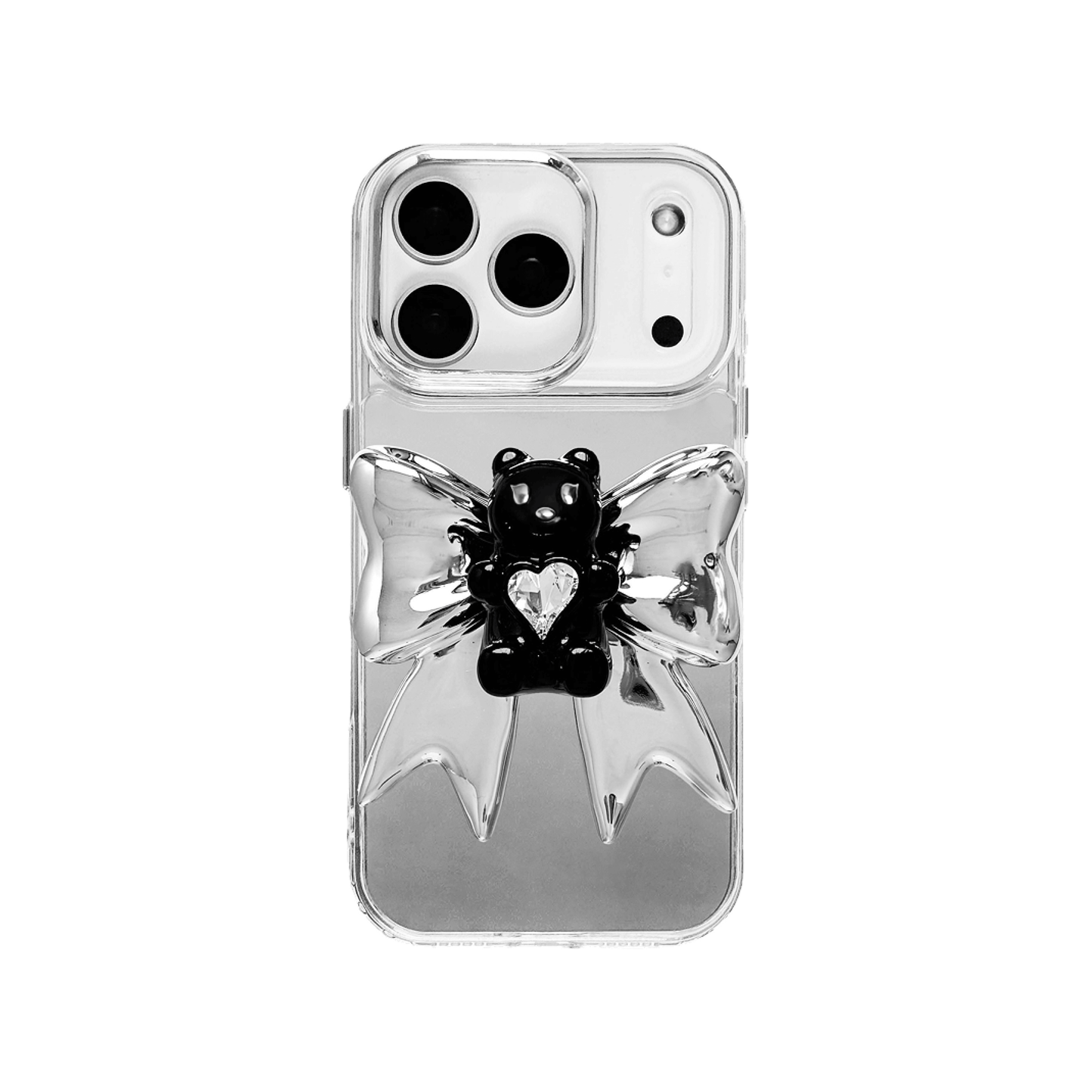 Bow Magic Bear iPhone Case featuring a glossy black gummy bear holding a clear crystal heart, set against a large metallic silver bow design.