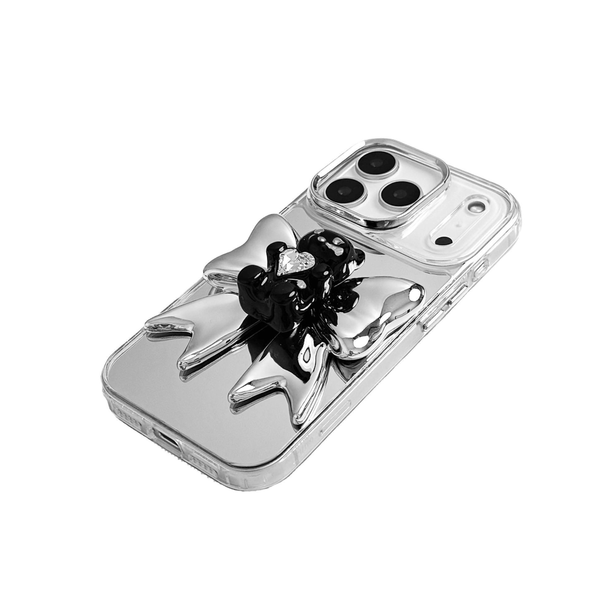 Bow Magic Bear iPhone Case featuring a glossy black gummy bear holding a clear crystal heart, set against a large metallic silver bow design.
