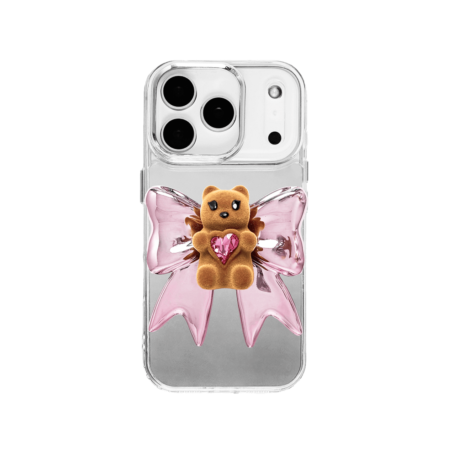 Bow Magic Bear iPhone Case - Pink Edition featuring a beige gummy bear holding a pink crystal heart, set against a metallic pink bow design.