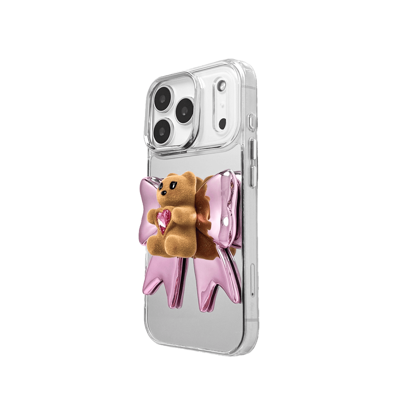 Bow Magic Bear iPhone Case - Pink Edition featuring a beige gummy bear holding a pink crystal heart, set against a metallic pink bow design.