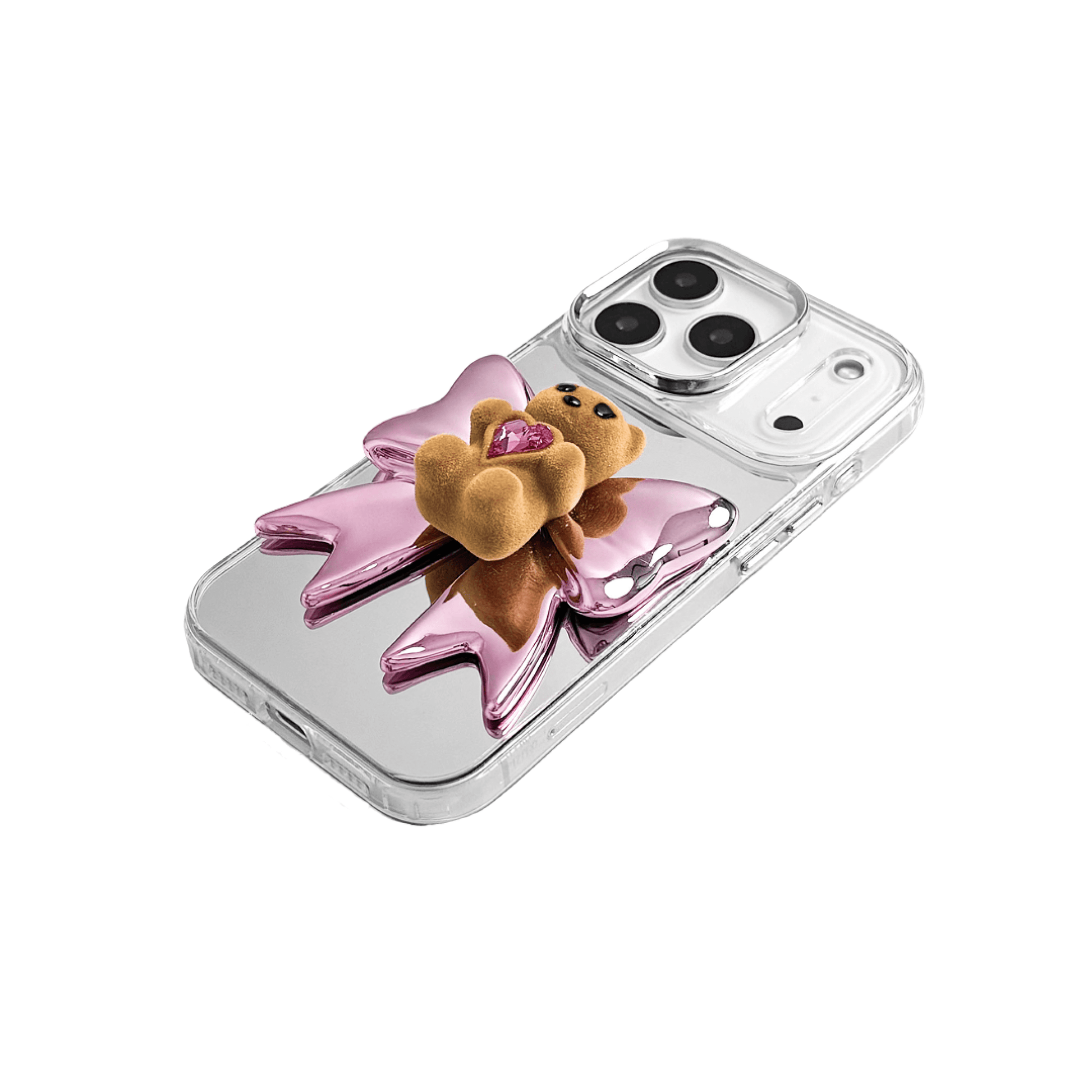 Bow Magic Bear iPhone Case - Pink Edition featuring a beige gummy bear holding a pink crystal heart, set against a metallic pink bow design.