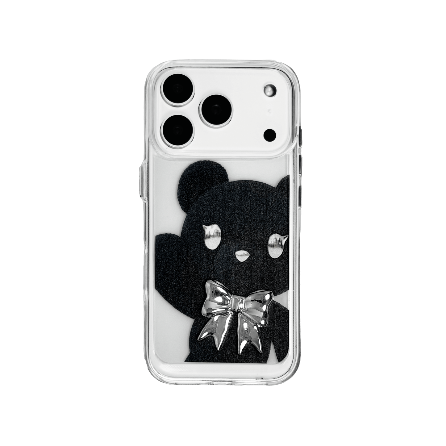 Bow Tie Bear iPhone Case featuring a large teddy bear print in brown or black, styled with a 3D bow tie in pink, silver, or black. A bold and charming statement piece that blends cuteness with character.