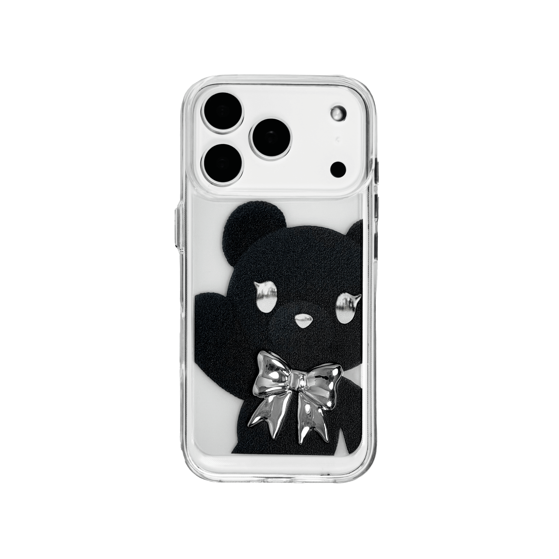 Bow Tie Bear iPhone Case featuring a large teddy bear print in brown or black, styled with a 3D bow tie in pink, silver, or black. A bold and charming statement piece that blends cuteness with character.