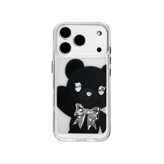 Bow Tie Bear iPhone Case featuring a large teddy bear print in brown or black, styled with a 3D bow tie in pink, silver, or black. A bold and charming statement piece that blends cuteness with character.