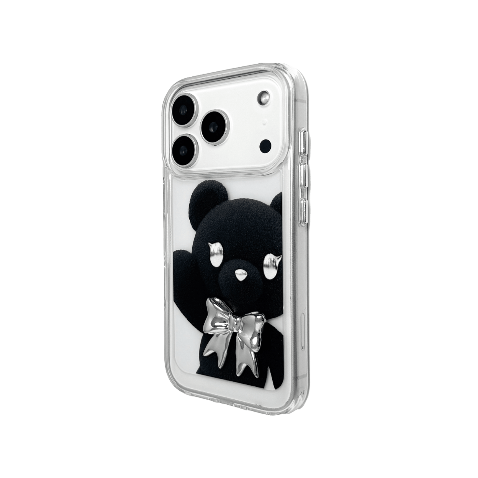 Bow Tie Bear iPhone Case featuring a large teddy bear print in brown or black, styled with a 3D bow tie in pink, silver, or black. A bold and charming statement piece that blends cuteness with character.