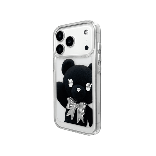 Bow Tie Bear iPhone Case featuring a large teddy bear print in brown or black, styled with a 3D bow tie in pink, silver, or black. A bold and charming statement piece that blends cuteness with character.