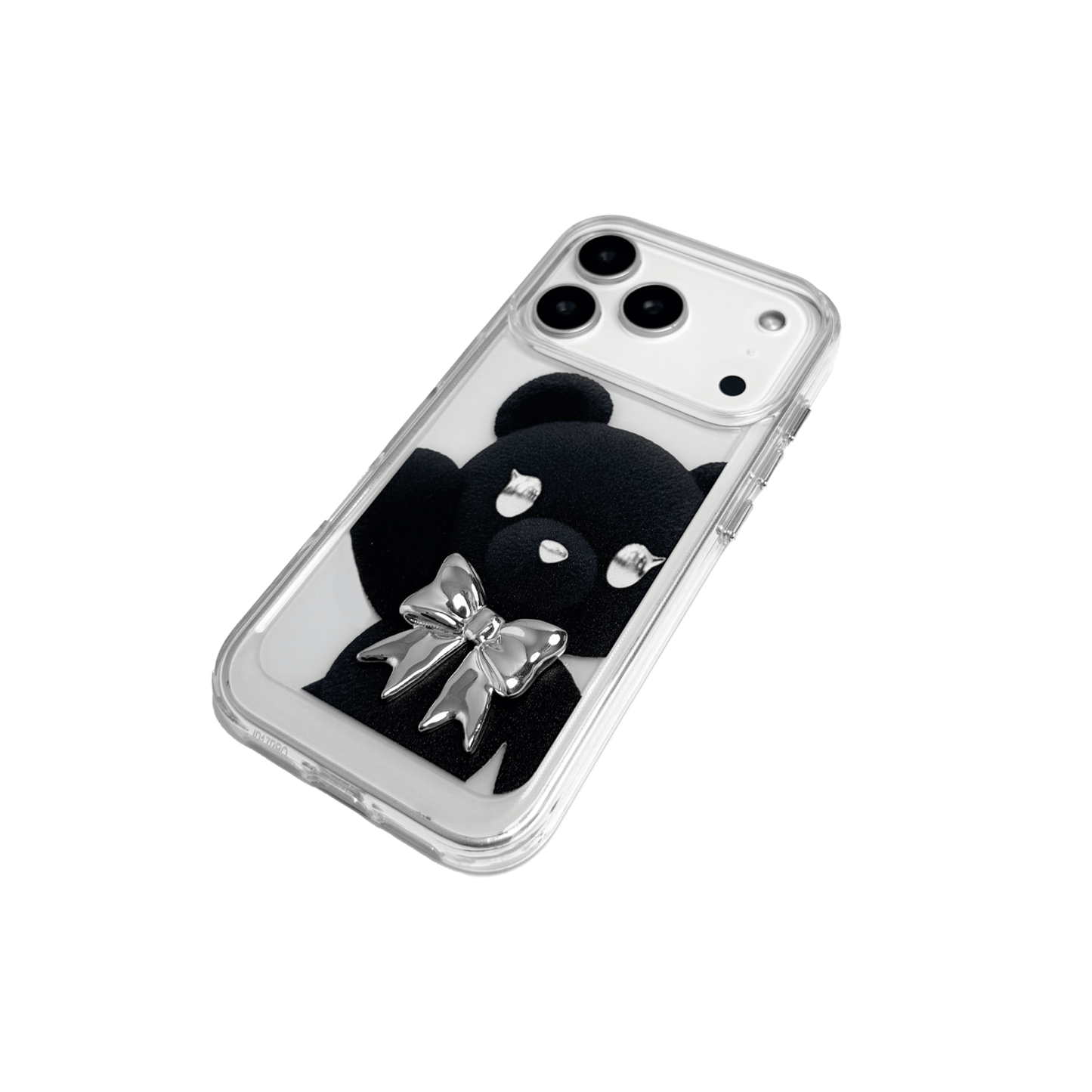 Bow Tie Bear iPhone Case featuring a large teddy bear print in brown or black, styled with a 3D bow tie in pink, silver, or black. A bold and charming statement piece that blends cuteness with character.