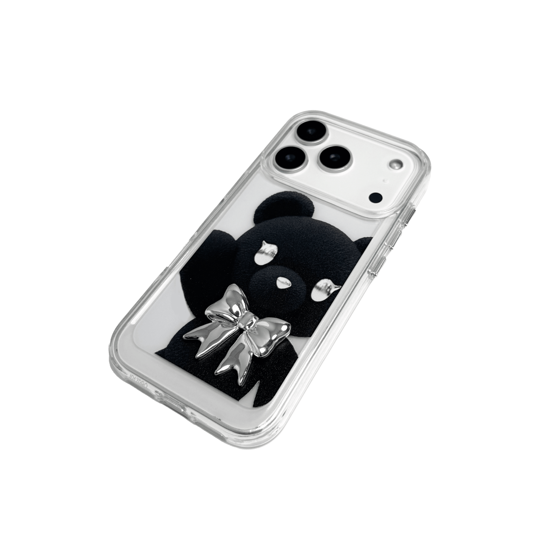 Bow Tie Bear iPhone Case featuring a large teddy bear print in brown or black, styled with a 3D bow tie in pink, silver, or black. A bold and charming statement piece that blends cuteness with character.