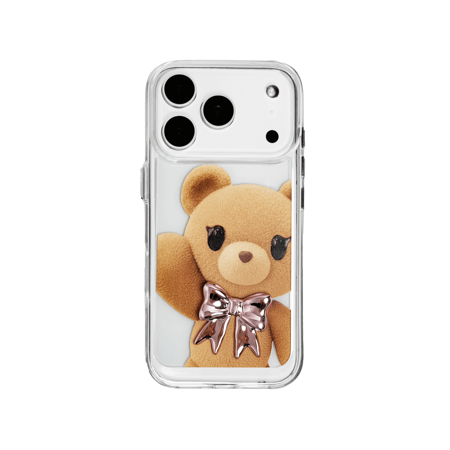 A clear iPhone case featuring a large illustration of a standing brown teddy bear wearing a textured, pink or purplish bow tie. The bear is centered on the transparent case.